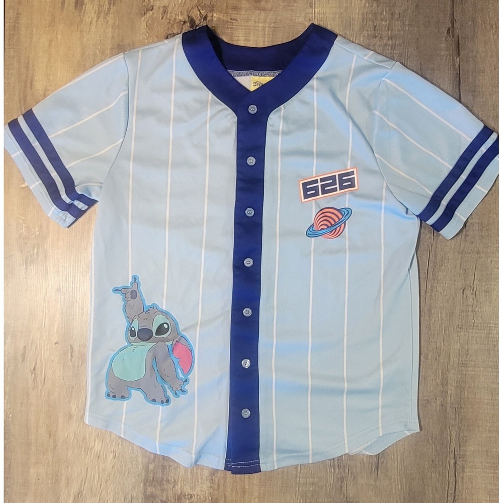 Disney Stitch #626 Adult Small Baseball Jersey Blue Pinstripe Button Up